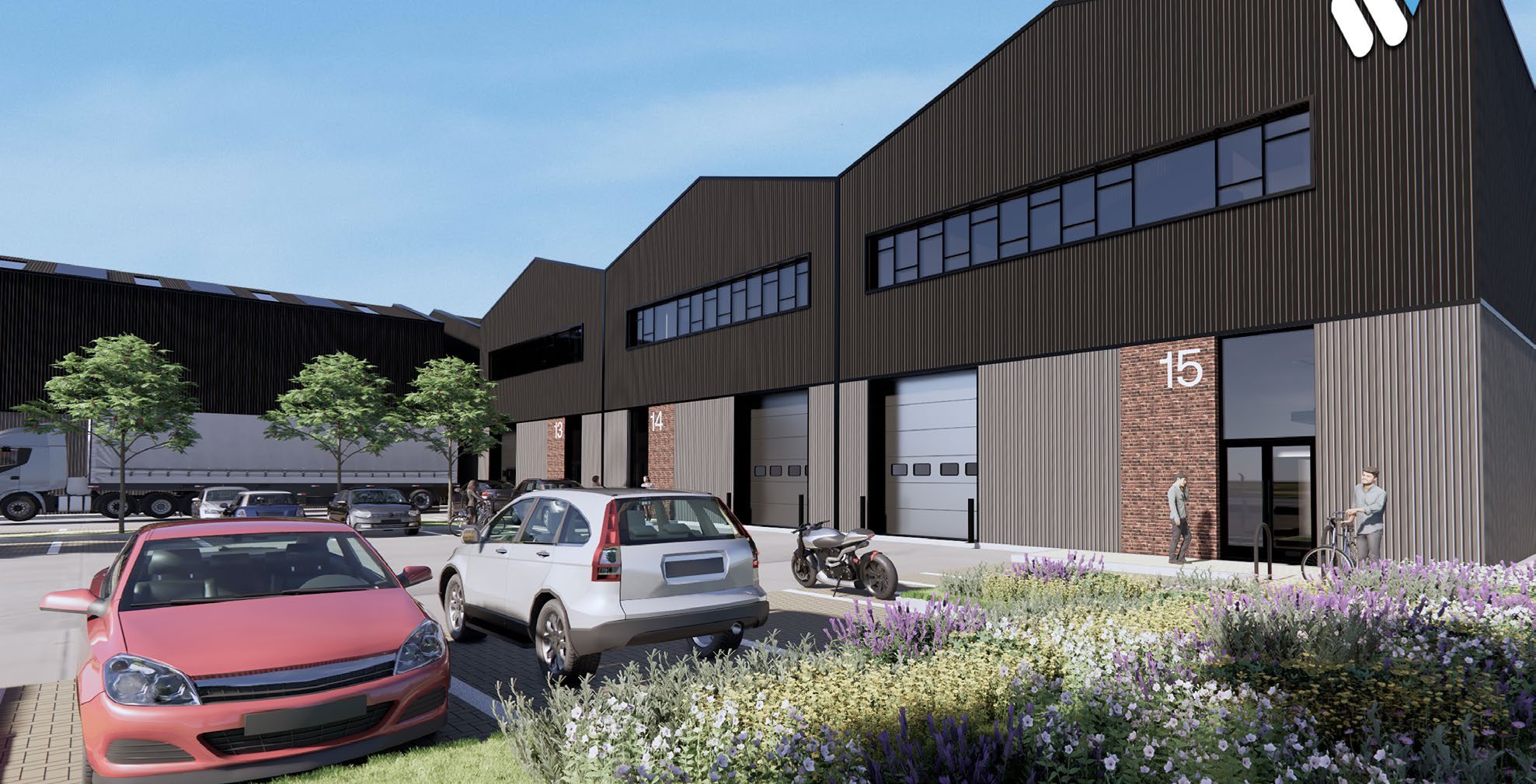 The completed terrace at Wycombe Works, with unit 15 in the foreground, level access doors and allocated parking.