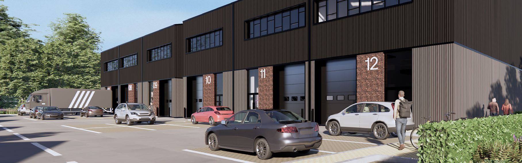 Units 08 to 12 with level access doors open onto the parking court.